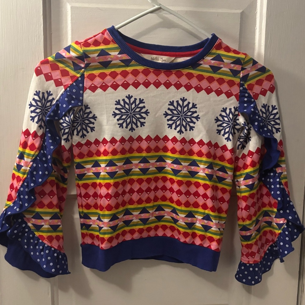 Matilda Jane Colorful Snowflake Top with Blue Ruffle Sleeves - Picture 2 of 4
